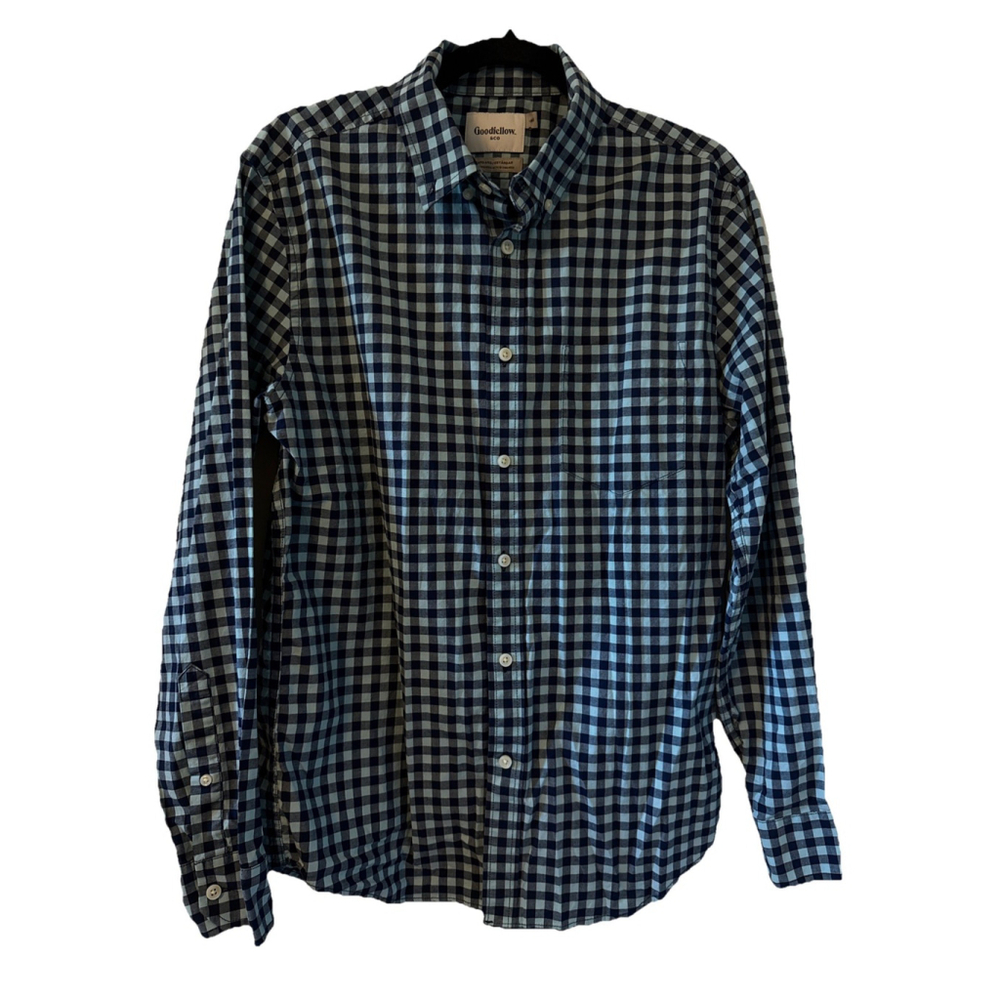 Goodfellow Men’s Medium Strd Button Down Long Sleeve Navy/light Blue Checkered